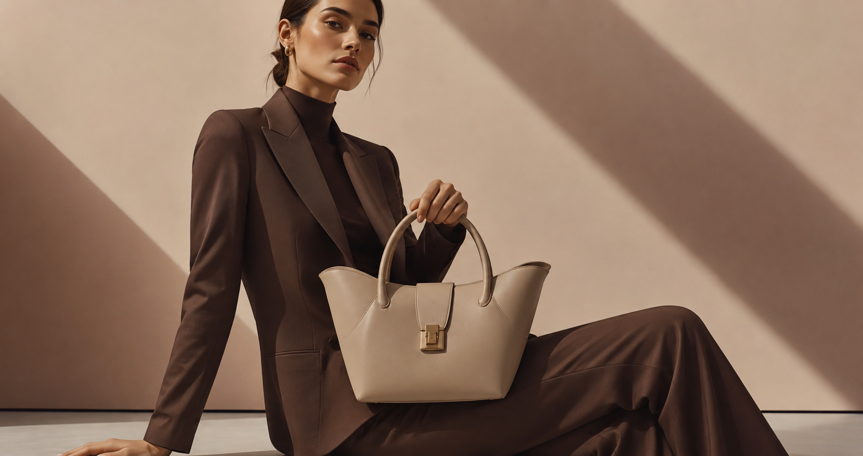 Woman holding a beige handbag against a neutral background