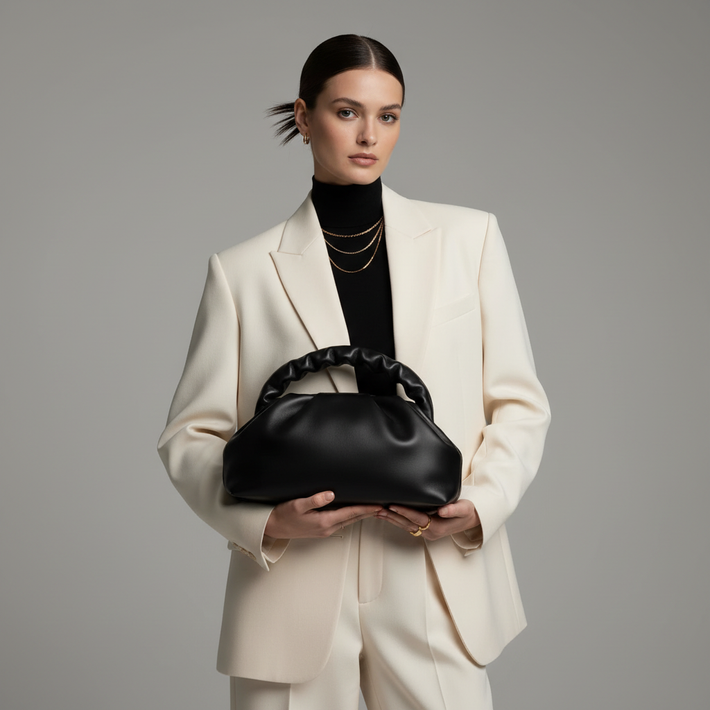 Black Ruched Cloud Bag with Model
