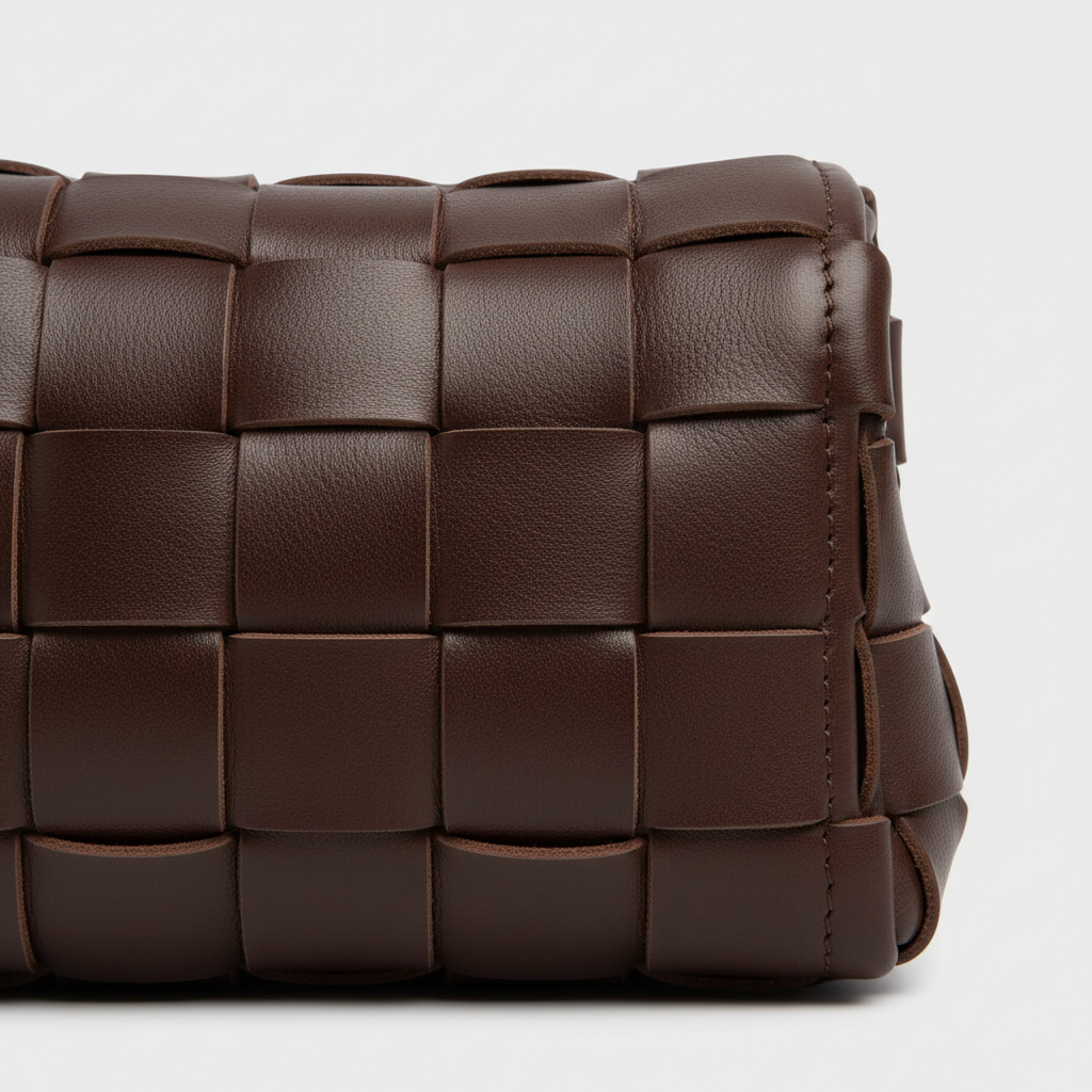 Stylish Fold woven leather handbag in Chocolate Brown – weave detail close-up