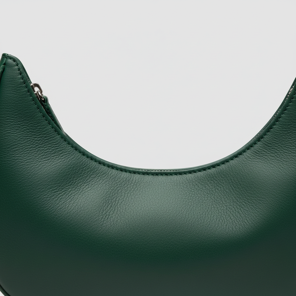 Graceful Gather crescent shoulder bag in Forest Emerald – leather detail close-up