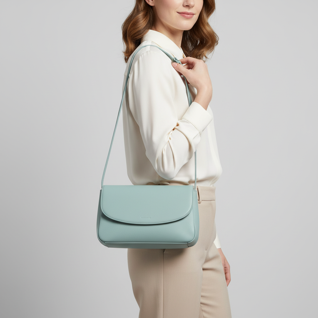 Elegant female model carrying Luxe Harmony luxury shoulder bag in Aqua Mist