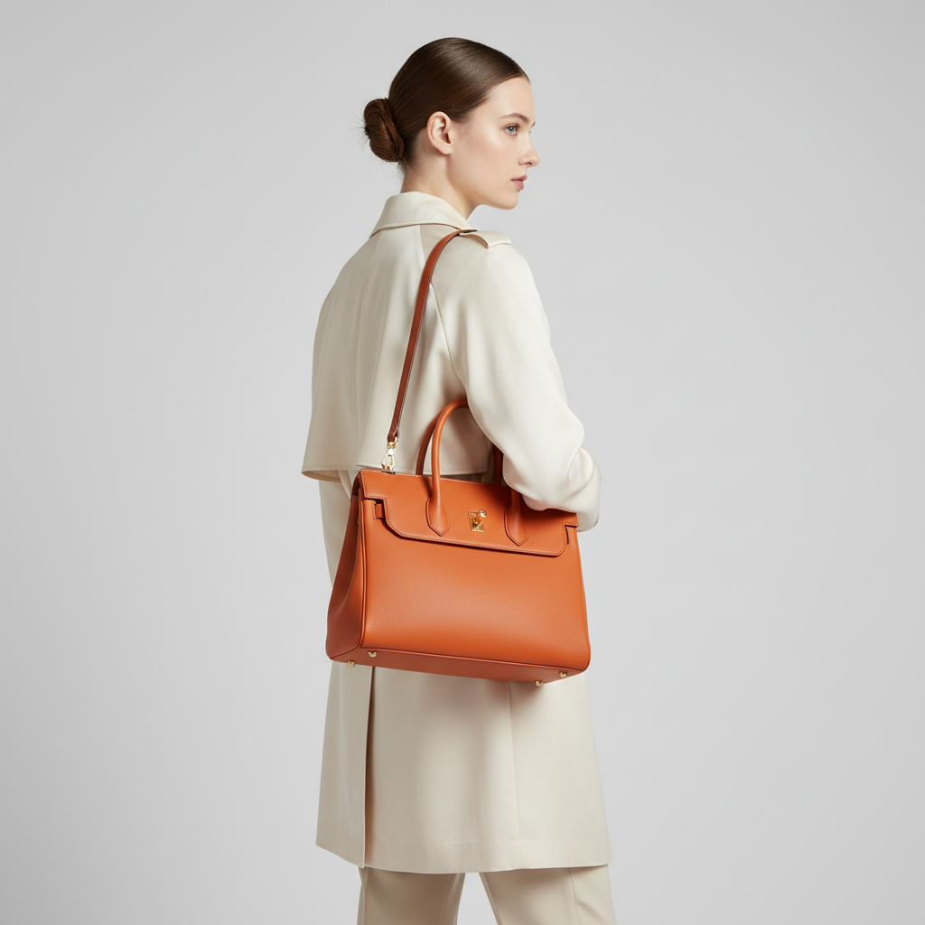 Eternal Grace luxury handbag in Sunset Orange – female model carrying bag