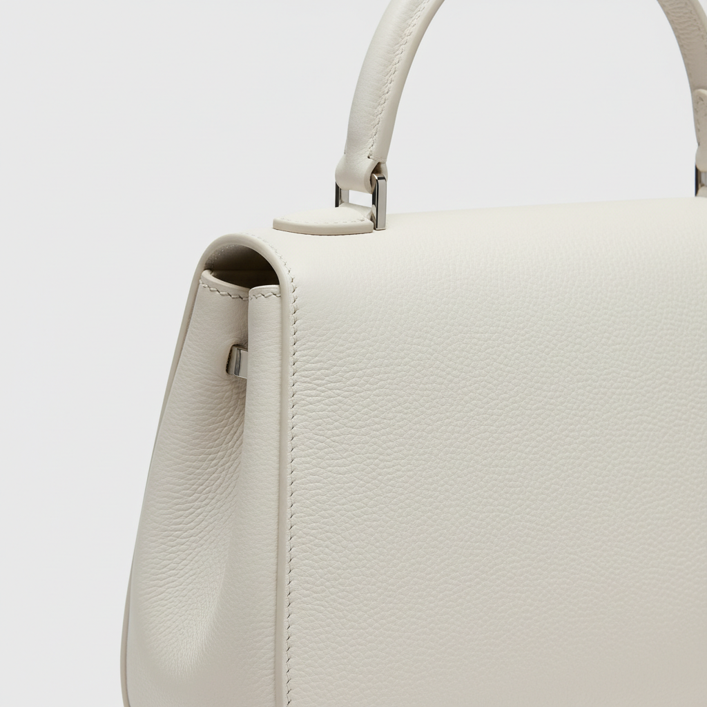 Heritage Curve luxury curved handbag in Frost White – leather detail close-up