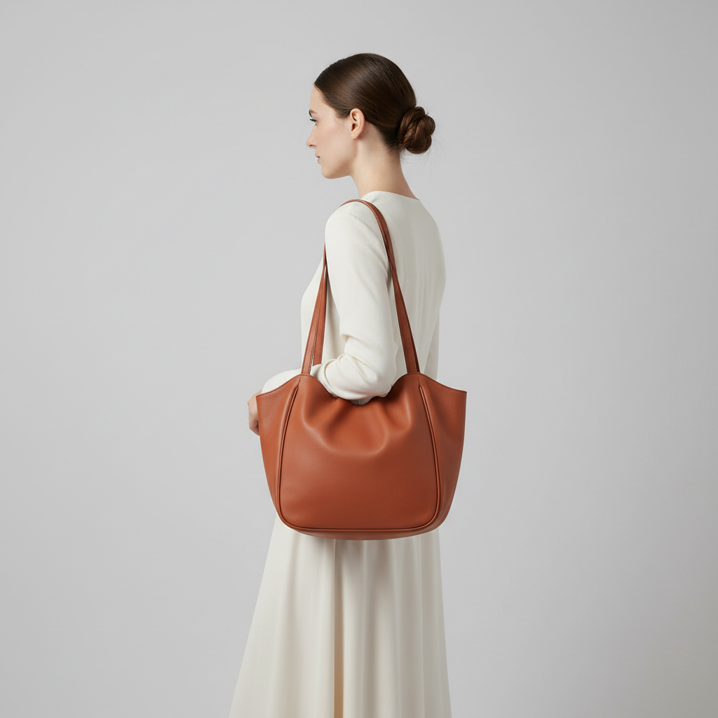 City Sleek Bag gathered tote in Terracotta Rust – female model carrying bag