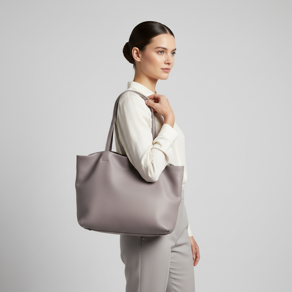 City Sleek Bag gathered tote in Lavender Grey – female model carrying bag