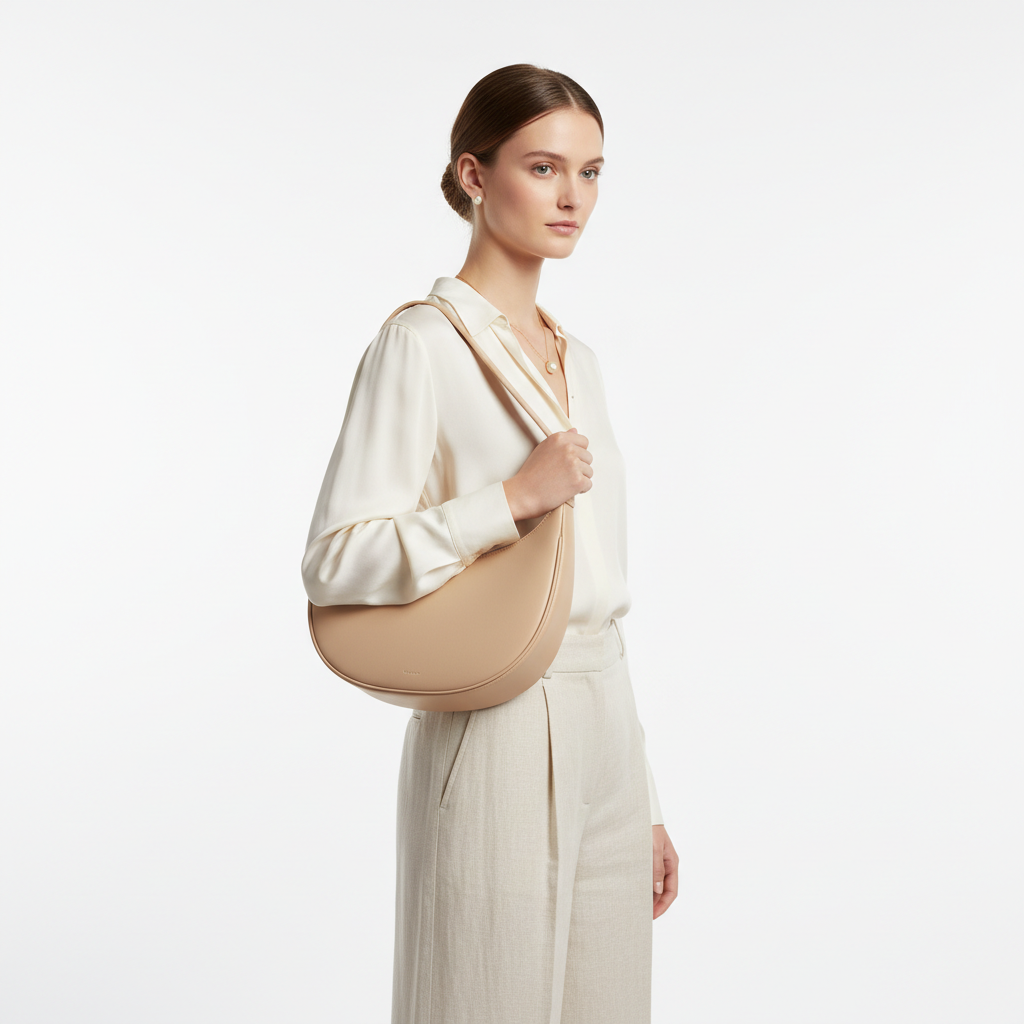Minimalist Gather Bag – Pearl Beige – Model