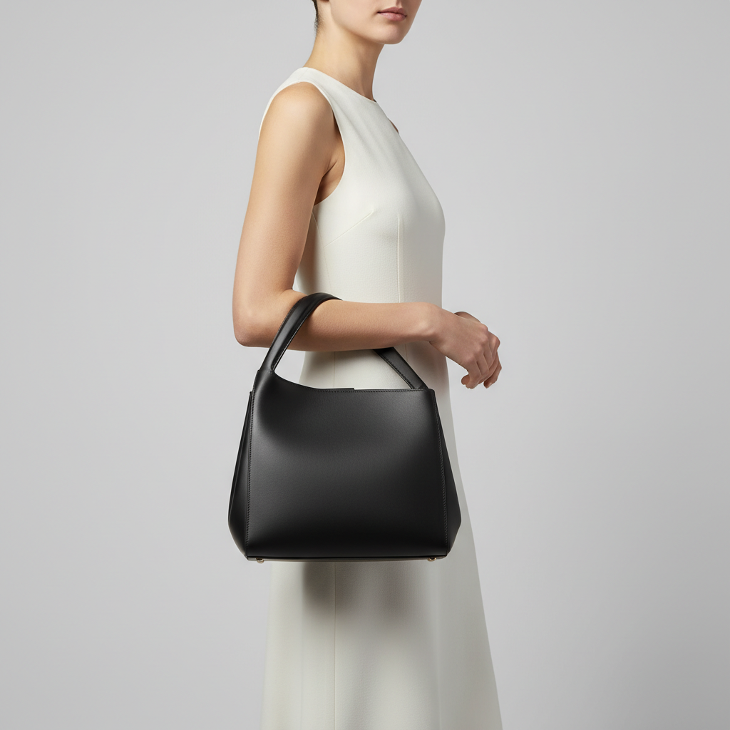 Elegant female model carrying Contemporary Bloom luxury top handle handbag in Midnight Black