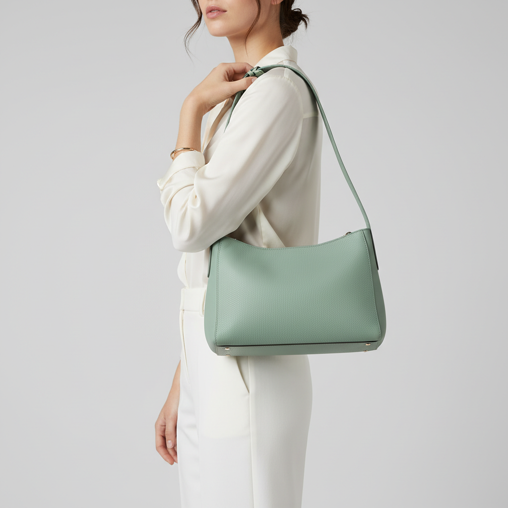 Luxe Harmony luxury shoulder bag in Pistachio Green – female model carrying bag