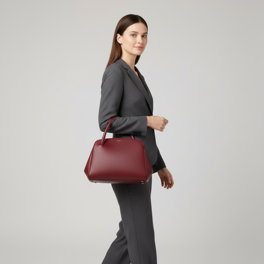 Elegant female model carrying Contemporary Bloom luxury top handle handbag in Ruby Wine