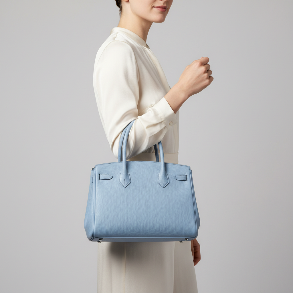 Elegant female model carrying Velvet Grace luxury handbag in Sky Blue