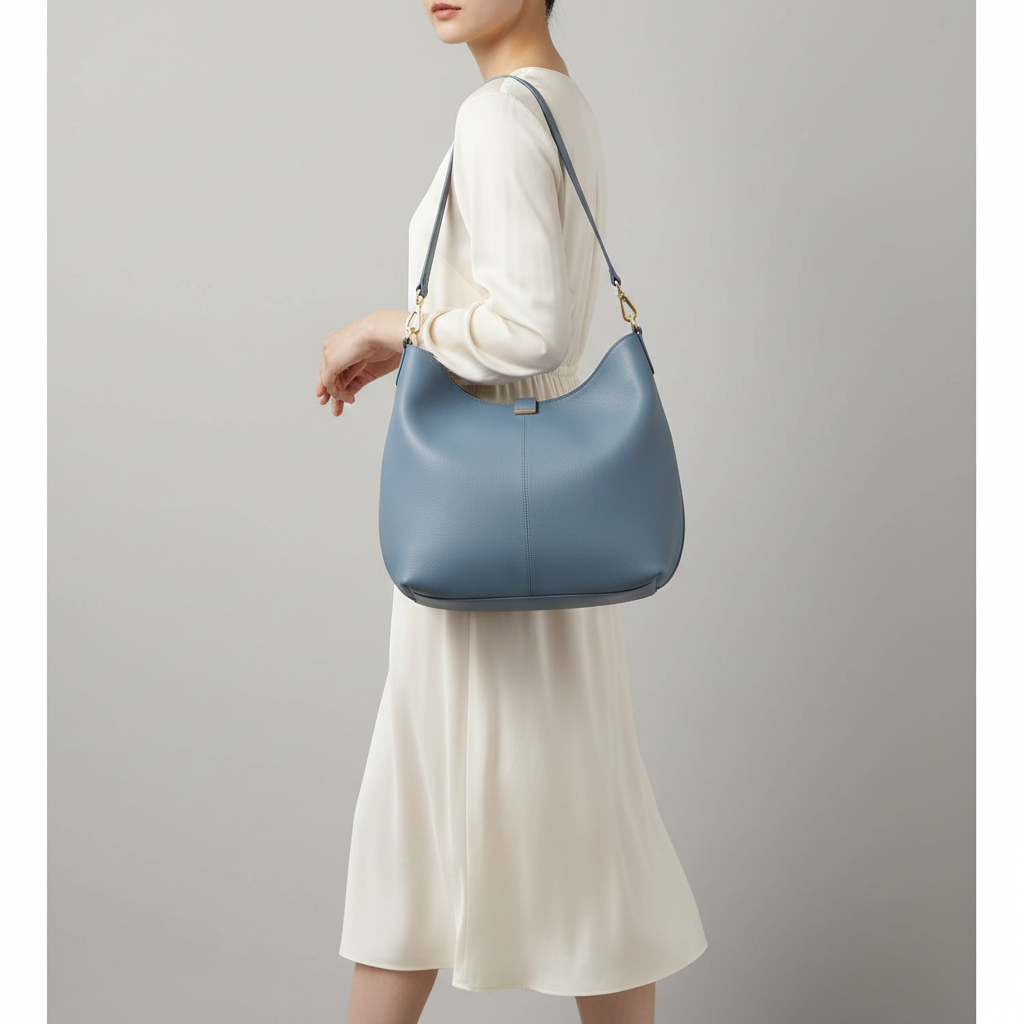 Elegant female model carrying Graceful Carry premium leather tote bag in Ocean Blue