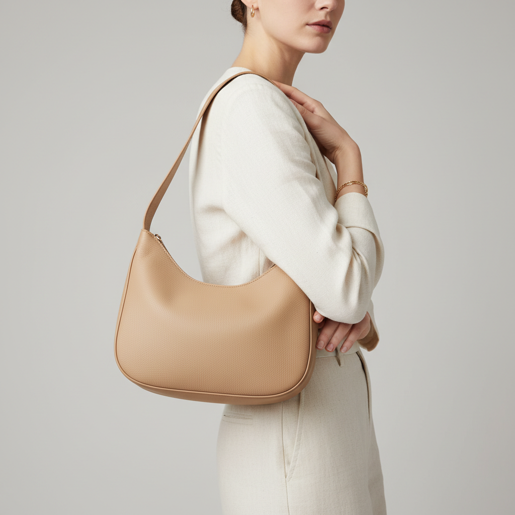 Elegant female model carrying Serene Curve curved shoulder bag in Sand Beige