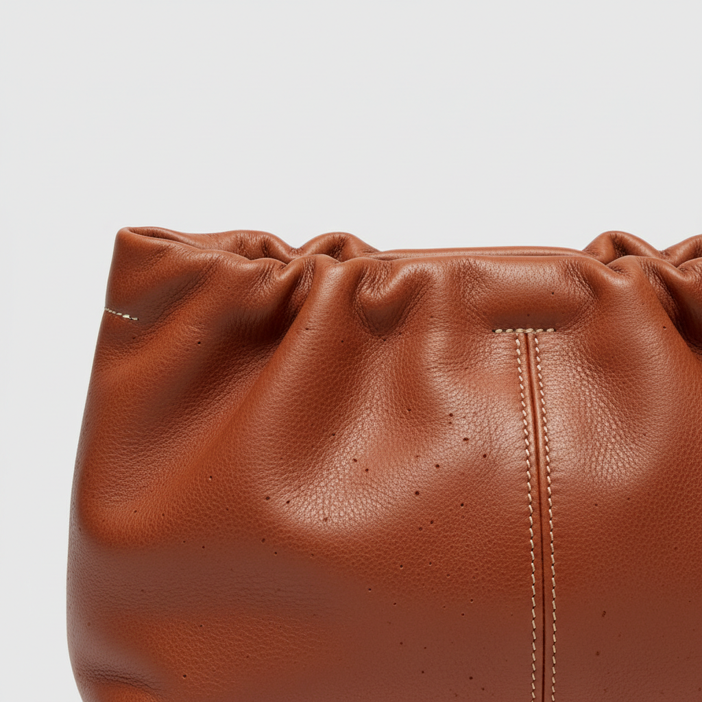 City Sleek Bag gathered tote in Terracotta Rust – leather detail close-up