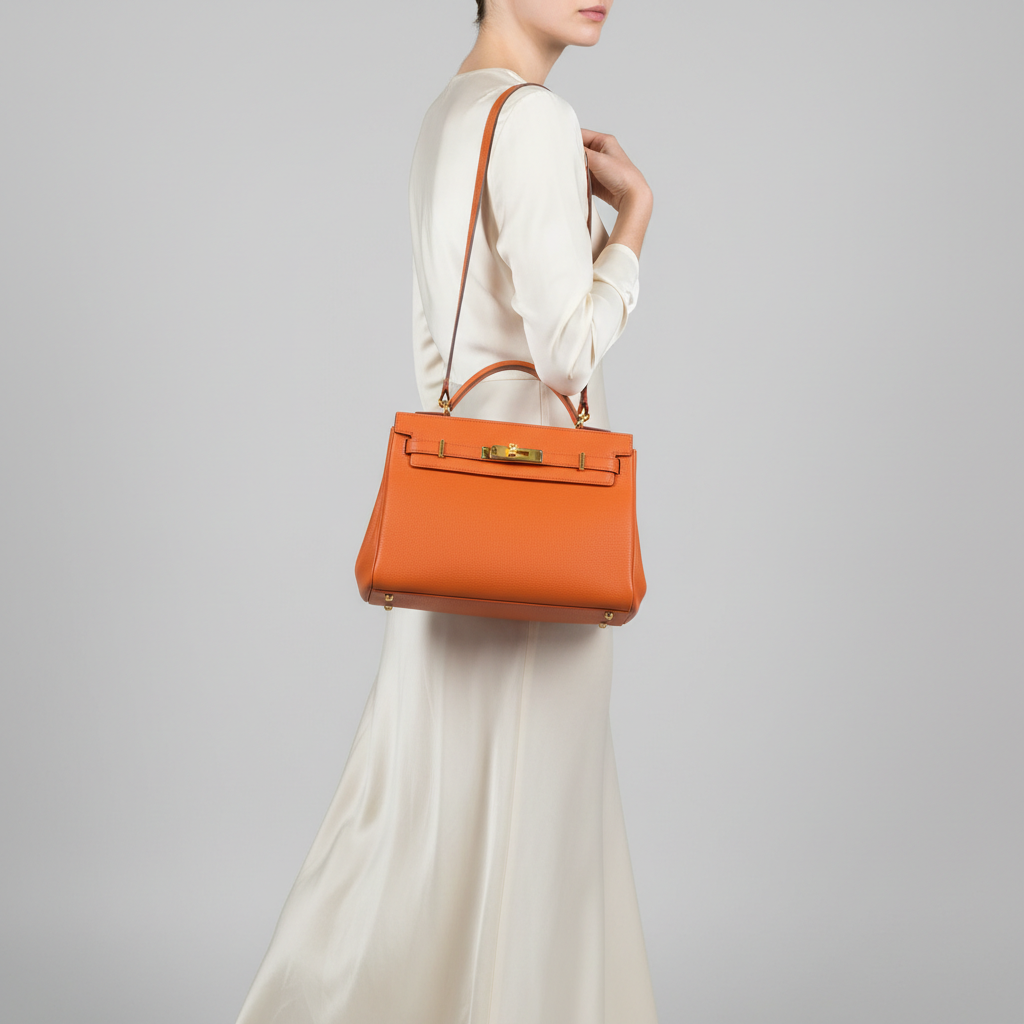 Elegant female model carrying Timeless Charm luxury handbag in Sunset Orange