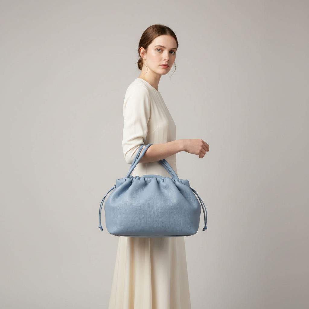 City Sleek Bag gathered tote in Sky Blue – female model carrying bag