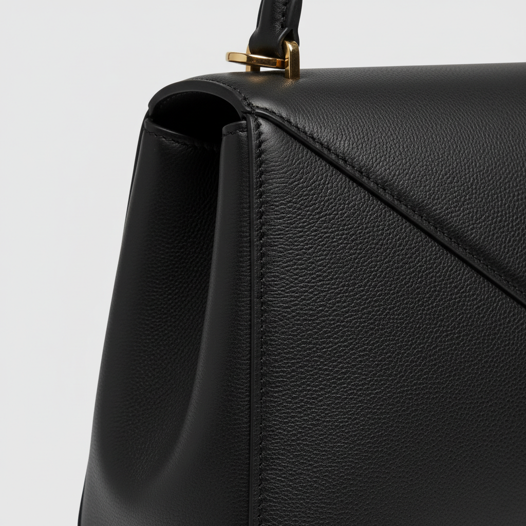 Refined Elegance luxury structured handbag in Midnight Black – leather detail close-up
