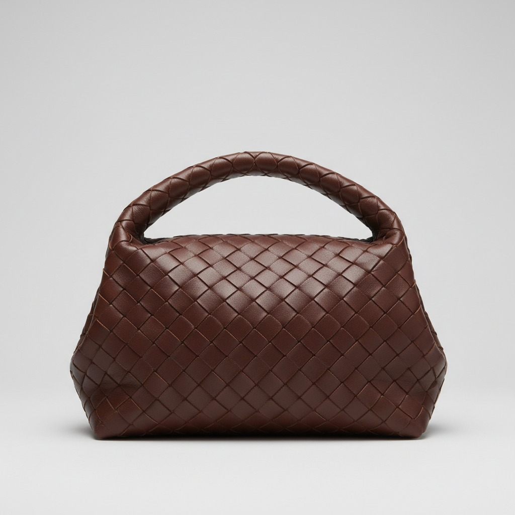 Stylish Fold woven leather handbag in Chocolate Brown – front view