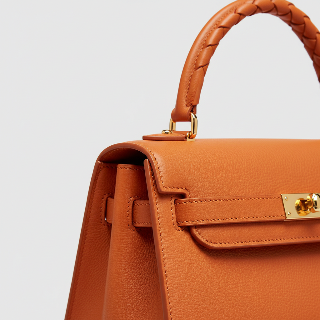 Timeless Charm luxury handbag in Sunset Orange - leather detail close-up