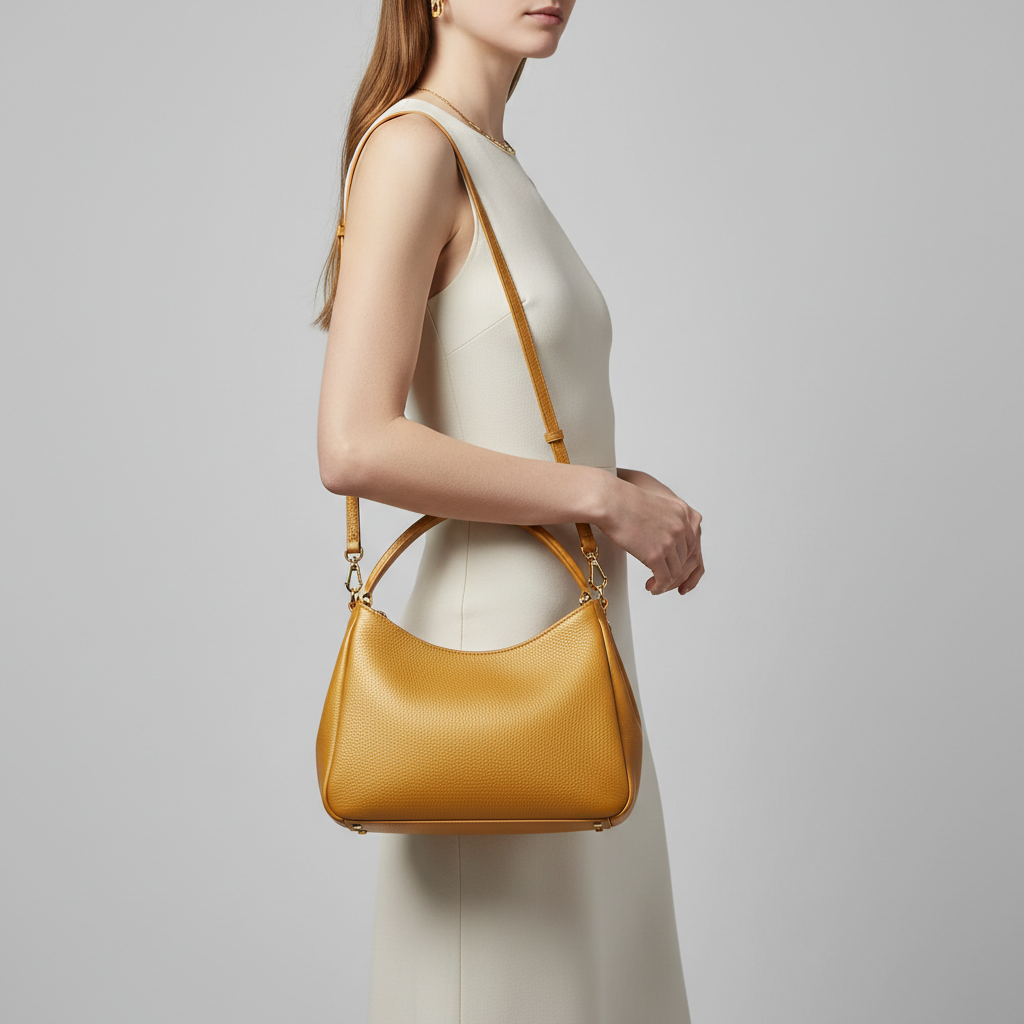 Elegant female model carrying Velvet Grace luxury handbag in Amber Gold
