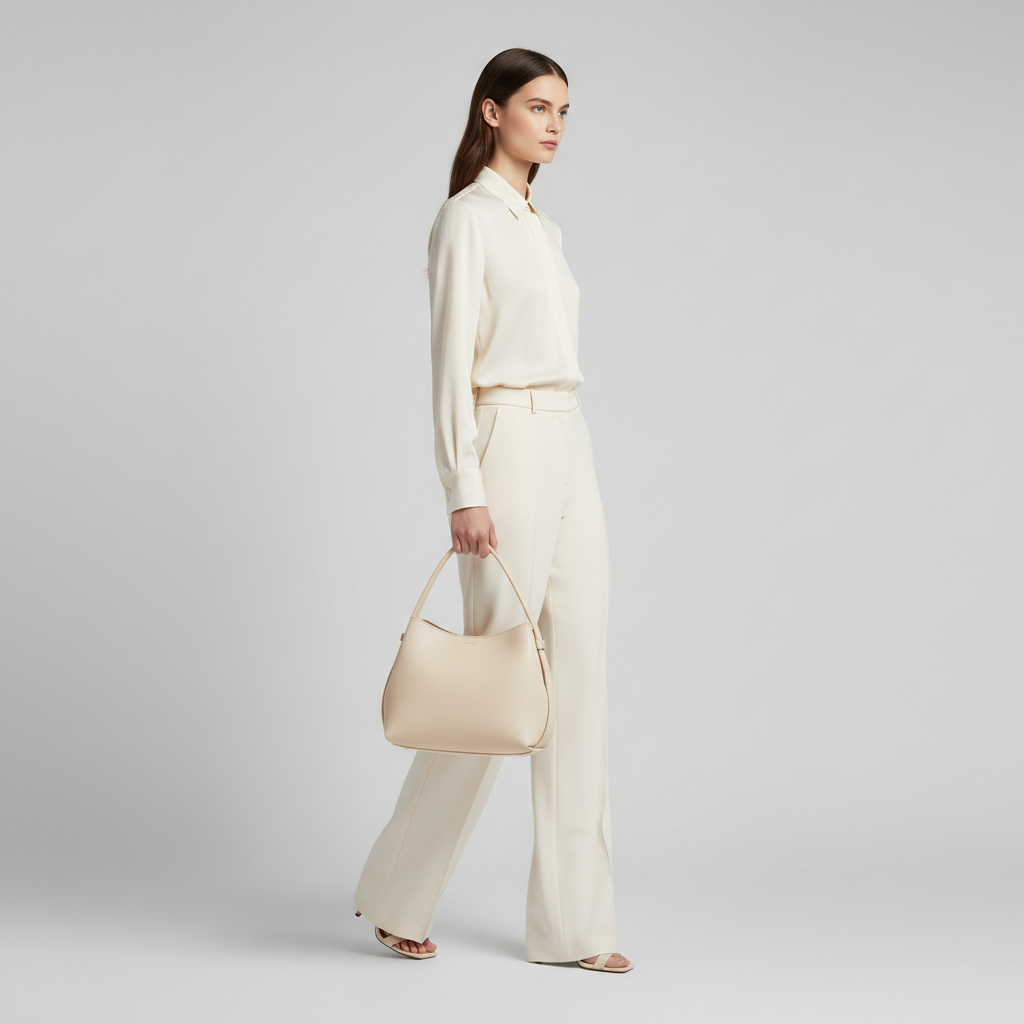 Elegant female model carrying Contemporary Bloom luxury top handle handbag in Pearl Cream