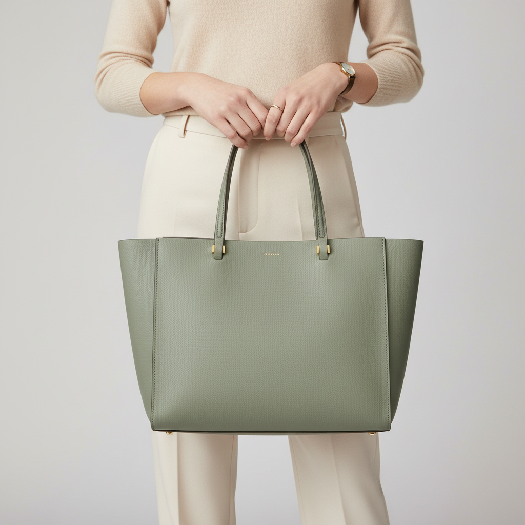 Female model carrying Grace Tote in Sage Green