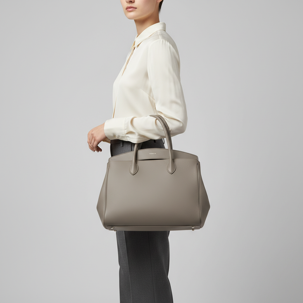 Eternal Grace luxury handbag in Stone Grey – female model carrying bag