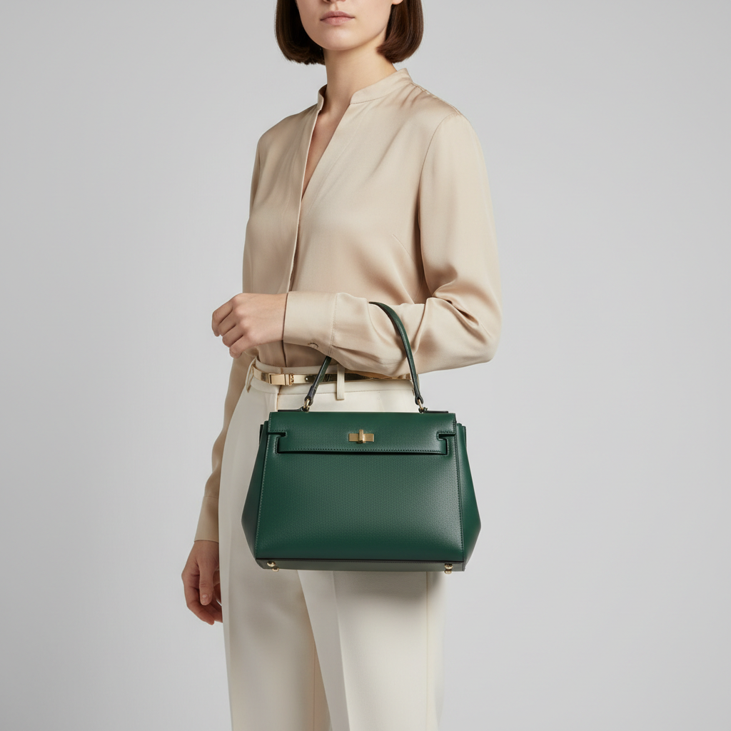 Female model carrying Classic Carry in Forest Emerald