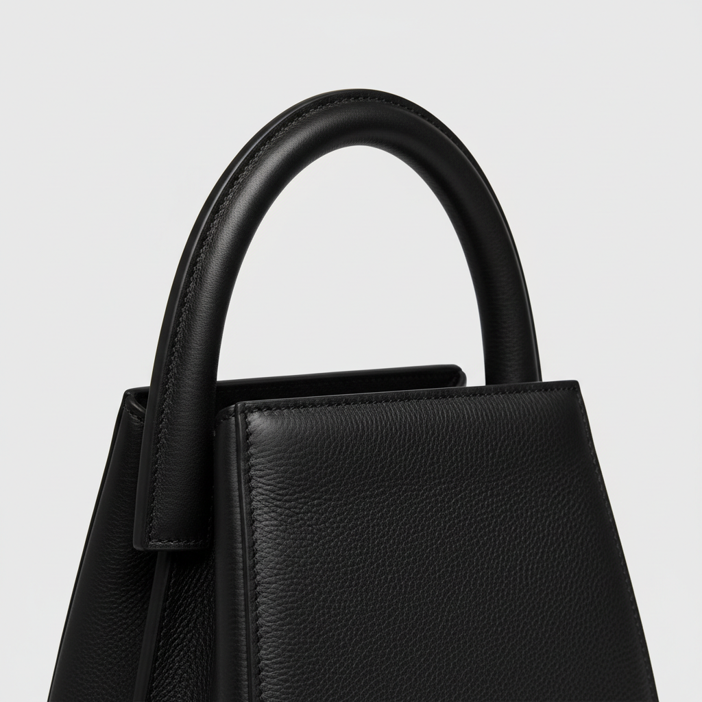 Contemporary Bloom luxury top handle handbag in Midnight Black - leather detail close-up