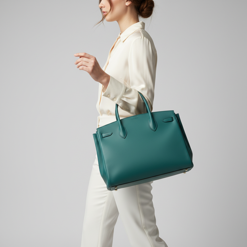 Elegant Motion luxury handbag in Emerald Teal – female model carrying bag