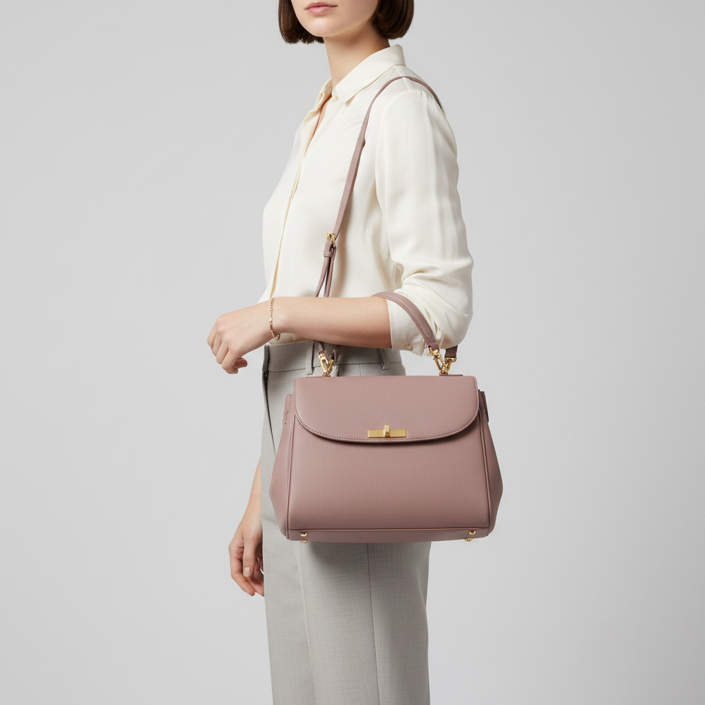 Elegant female model carrying Velvet Grace luxury handbag in Rose Mauve