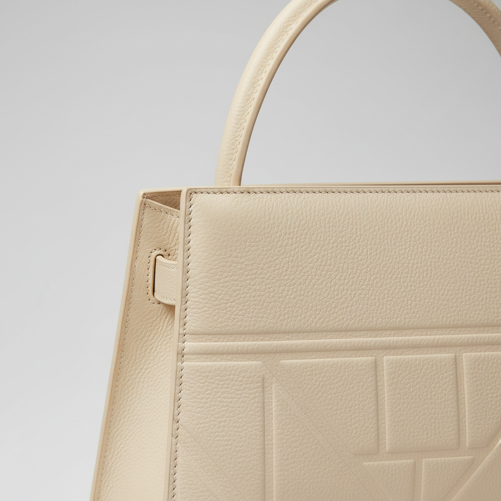 Contemporary Bloom luxury top handle handbag in Pearl Cream - leather detail close-up