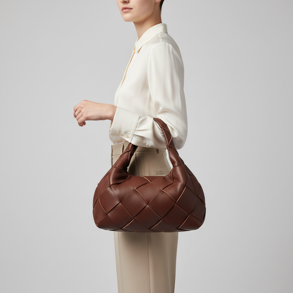 Stylish Fold woven leather handbag in Chocolate Brown – female model carrying bag