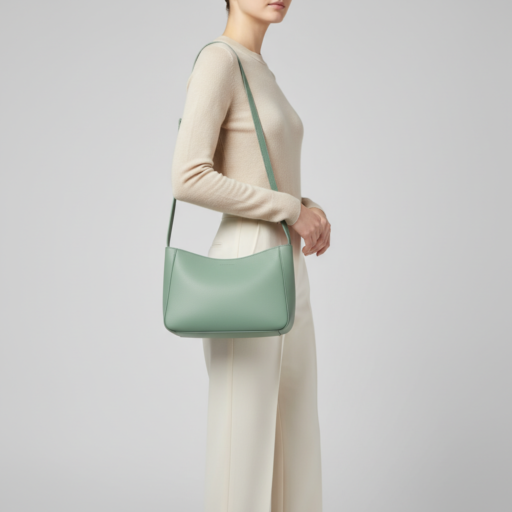 Female model carrying Modern Bloom in Pistachio Green