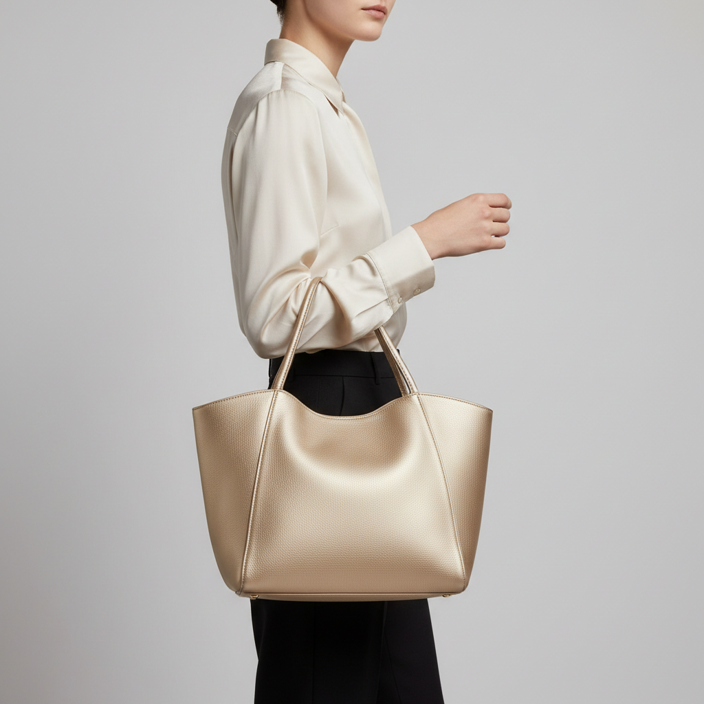 Elegant female model carrying Graceful Carry premium leather tote bag in Champagne Gold