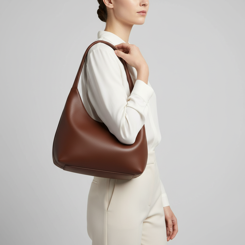 Elegant female model carrying Classic Carry sculptural leather handbag in Chocolate Brown