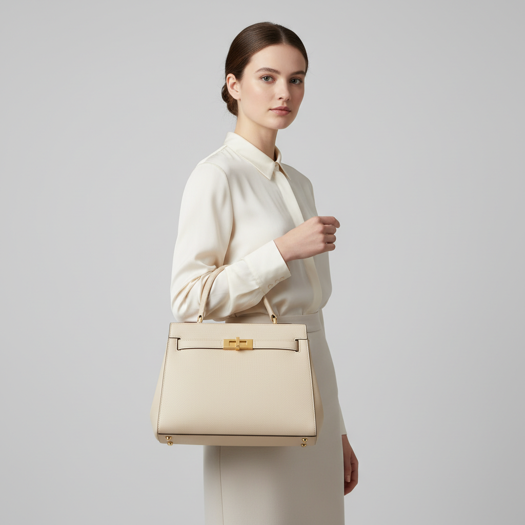 Refined Elegance luxury structured handbag in Pearl Beige – female model carrying bag