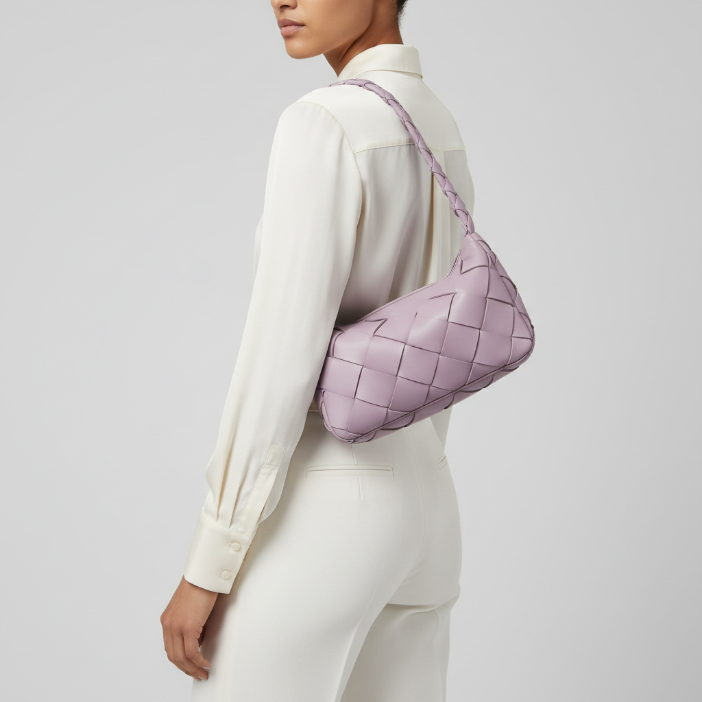 Stylish Fold woven leather handbag in Soft Lilac – female model carrying bag
