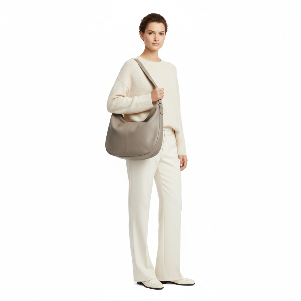 Crescent Hobo Bag – Stone Grey – Model