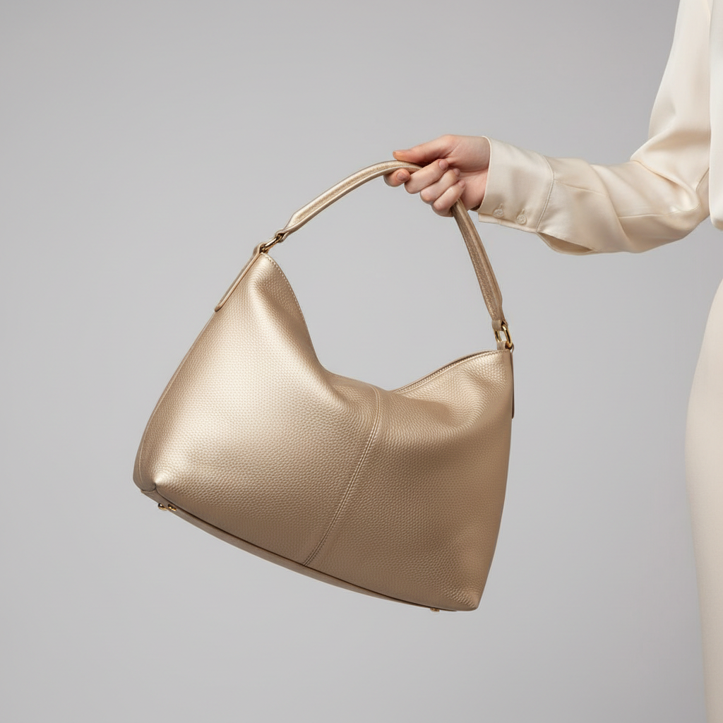 Elegant Motion luxury handbag in Champagne Gold – female model carrying bag
