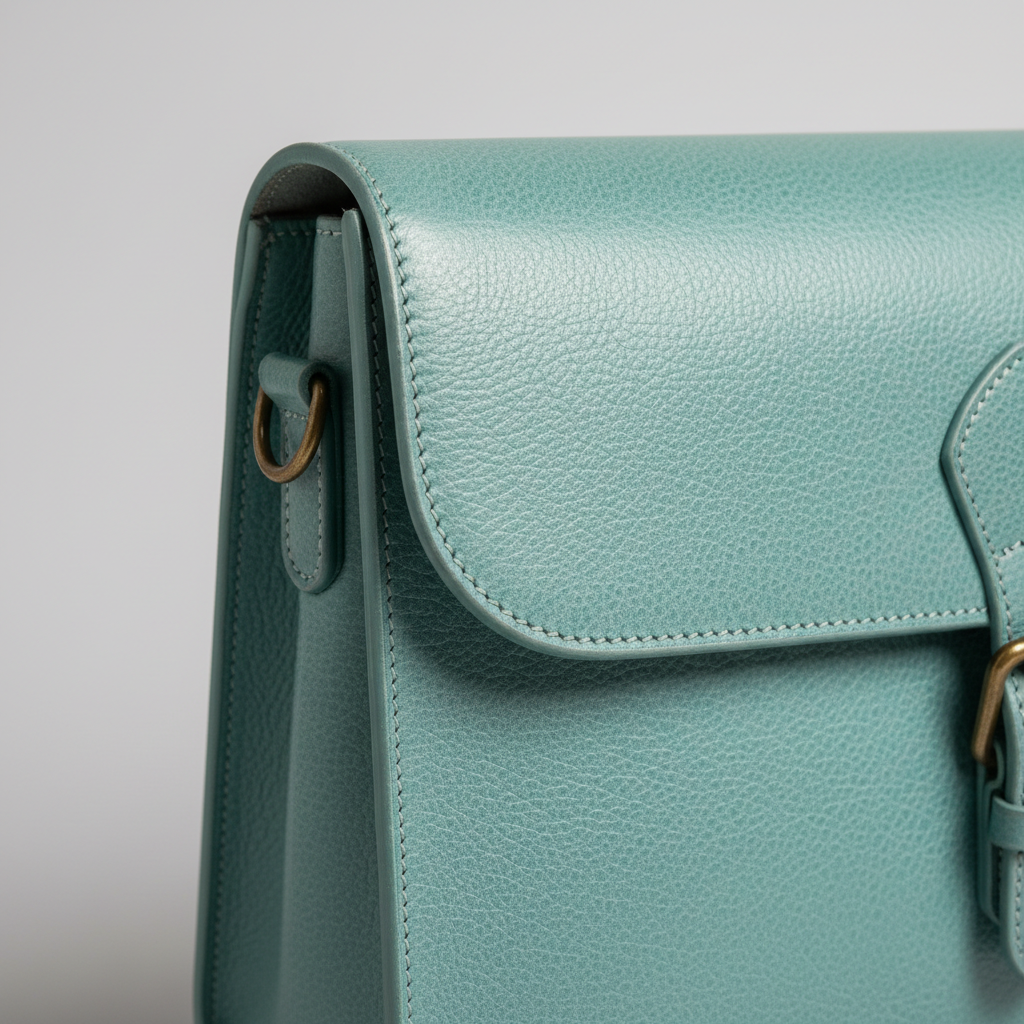 Vintage Satchel in Aqua Mist – Leather detail close-up