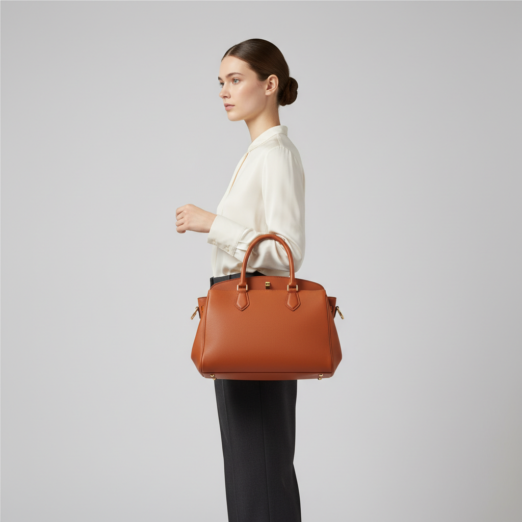 Elegant female model carrying Refined Aura premium handbag in Burnt Sienna
