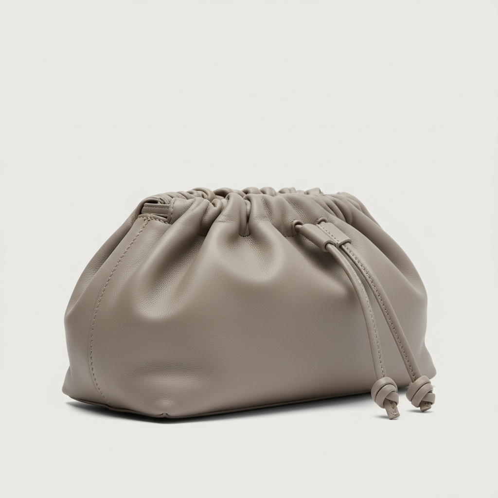 Blossom Pouch gathered leather bag in Stone Grey - leather detail close-up