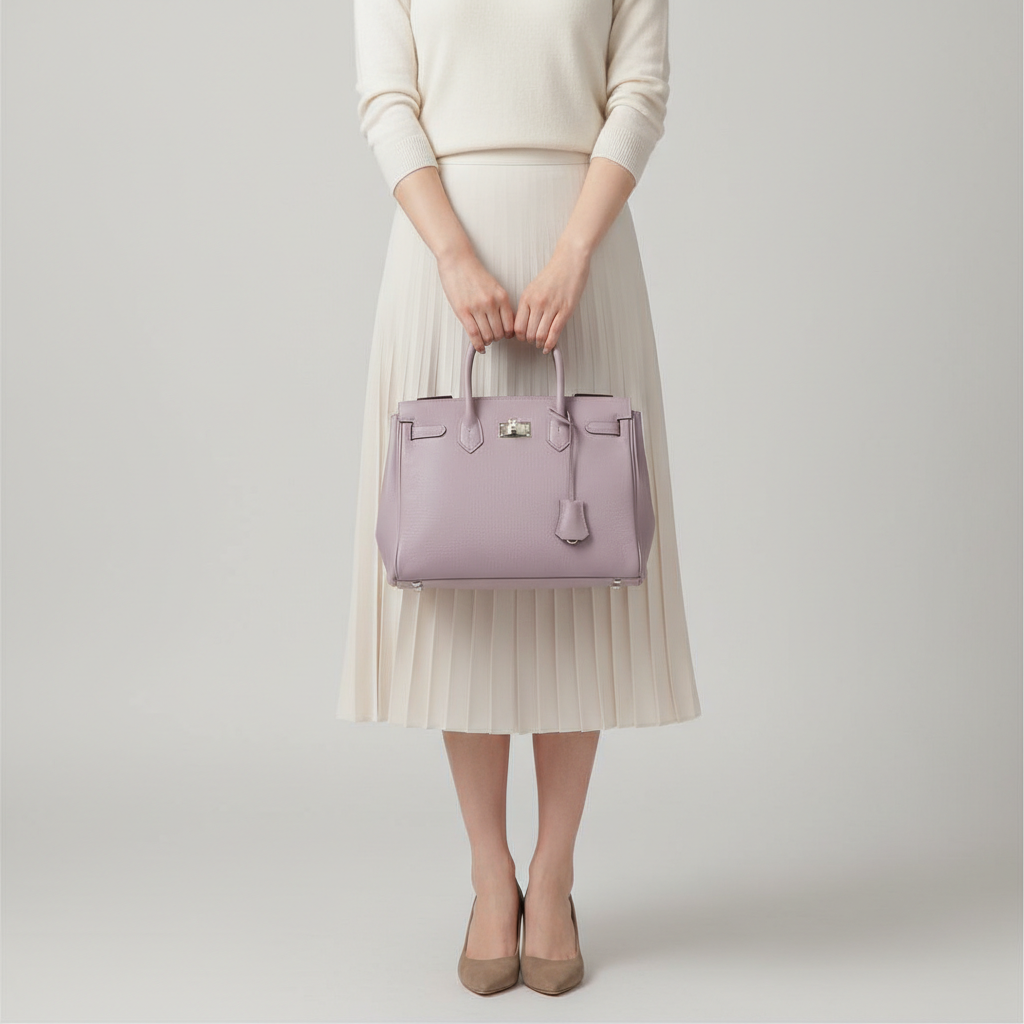 Female model carrying Vintage Satchel in Soft Lilac