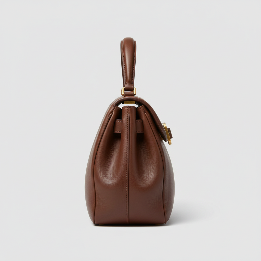 Classic Carry sculptural leather handbag in Chocolate Brown - side view