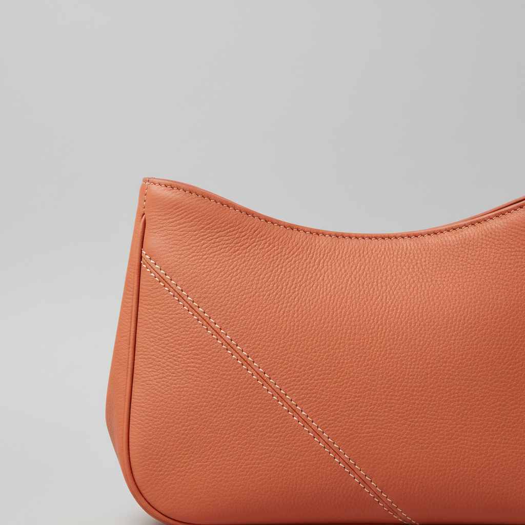 Heritage Curve luxury curved handbag in Coral Peach – leather detail close-up