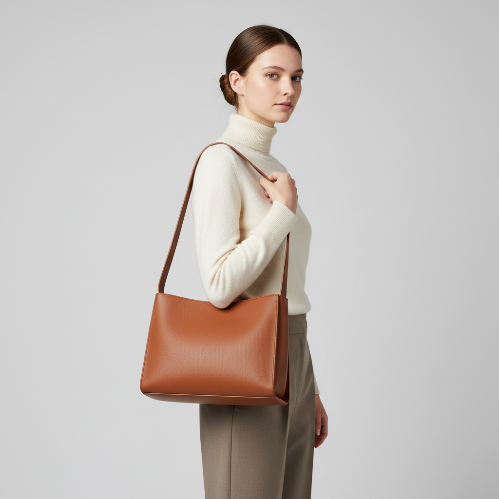 Elegant female model carrying Sophisticated Knot shoulder bag in Cinnamon Copper