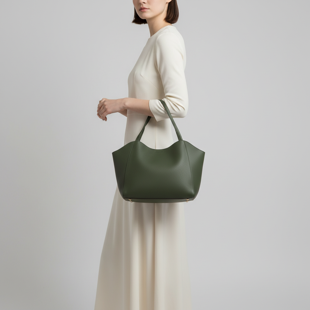Elegant female model carrying Graceful Carry premium leather tote bag in Forest Olive