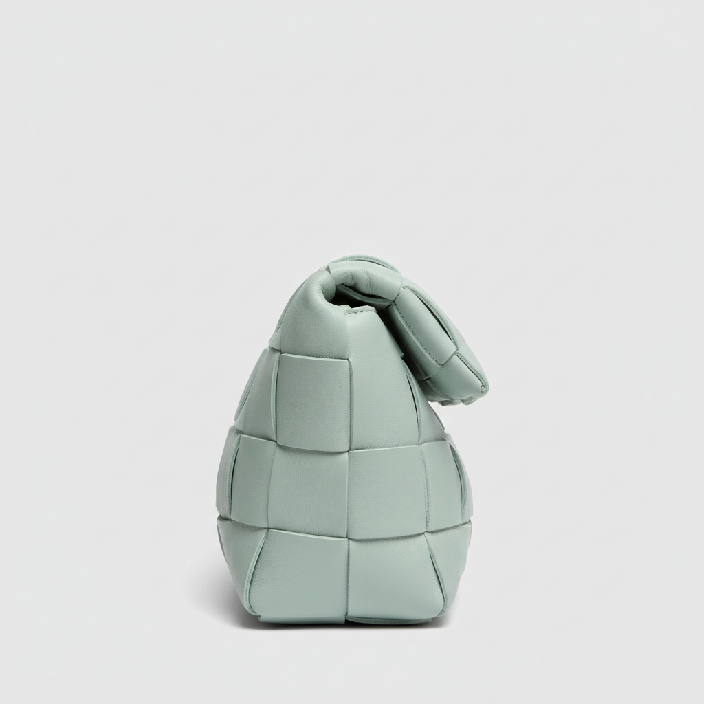 Stylish Fold woven leather handbag in Aqua Mist – side view