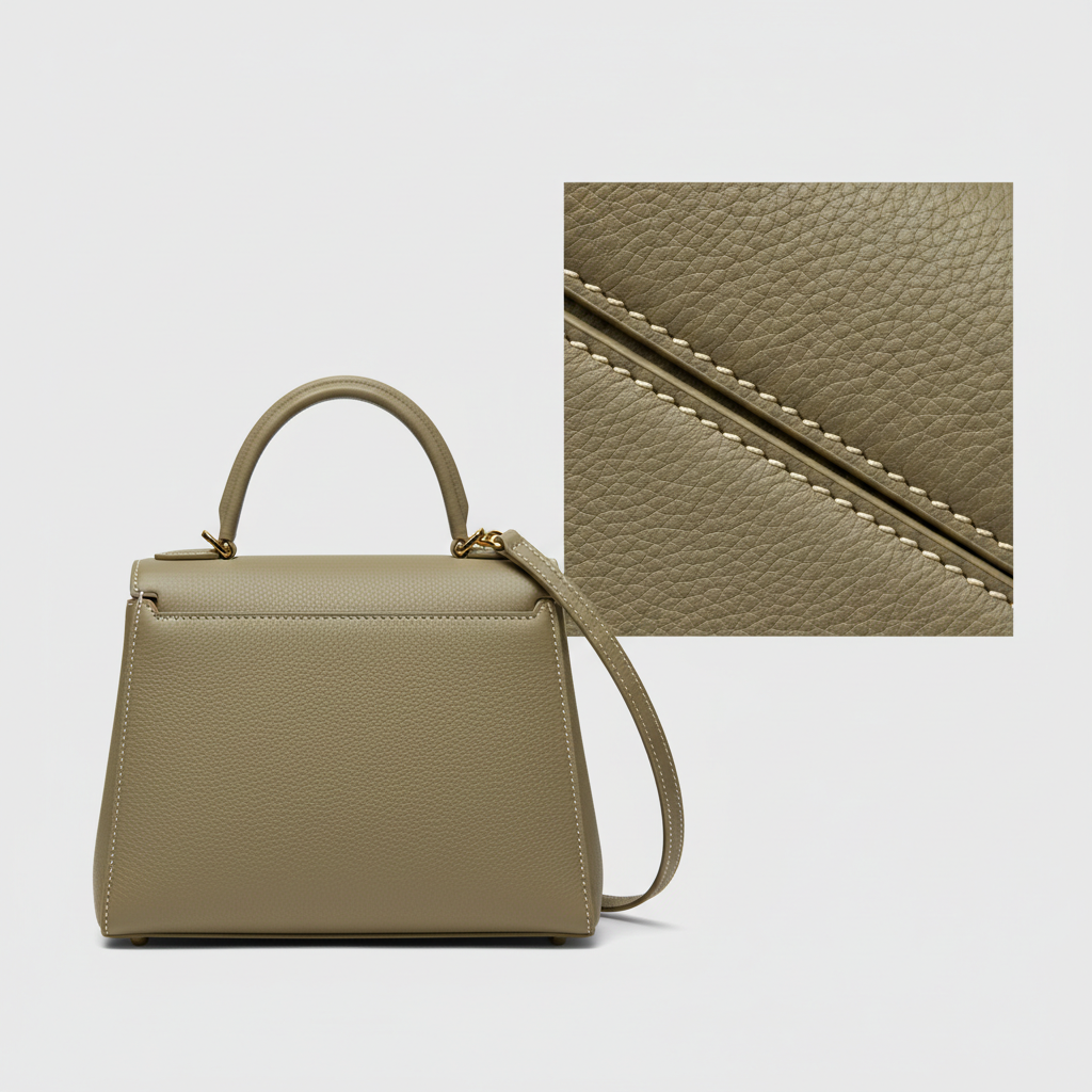 Refined Elegance luxury structured handbag in Sage Olive – leather detail close-up
