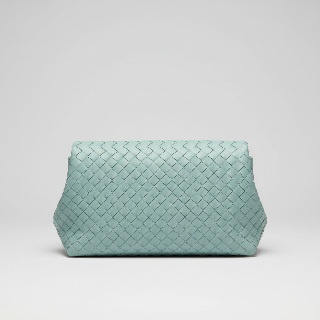 Stylish Fold woven leather handbag in Aqua Mist – hero view